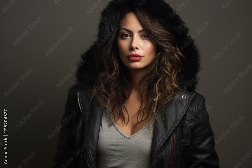 Fashionable young woman in a black leather jacket and fur hat. Fashionable young woman in a black leather jacket and fur hat.