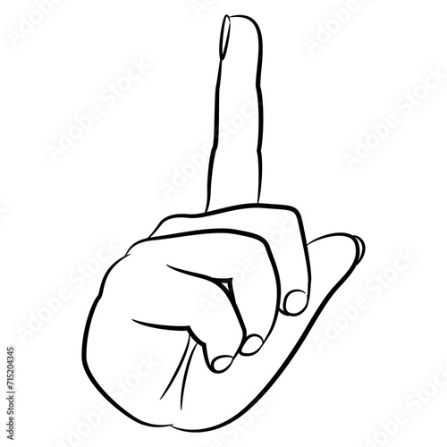 Human hand with pointing up index finger. Attention gesture. Black and white linear silhouette. Cartoon style.