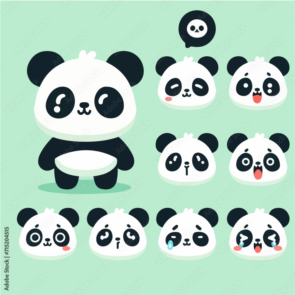 Vector panda head with various expressions, simple and minimalist cartoon flat design