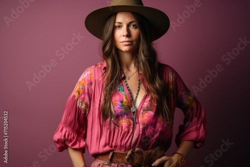 Portrait of a beautiful young woman in a hat and a blouse.