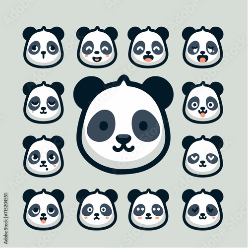 Vector panda head with various expressions  simple and minimalist cartoon flat design