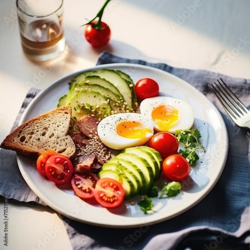 Delicious breakfast with crispy rye bread,boiled egg,cherry tomatoes and avocado on white plate, close up