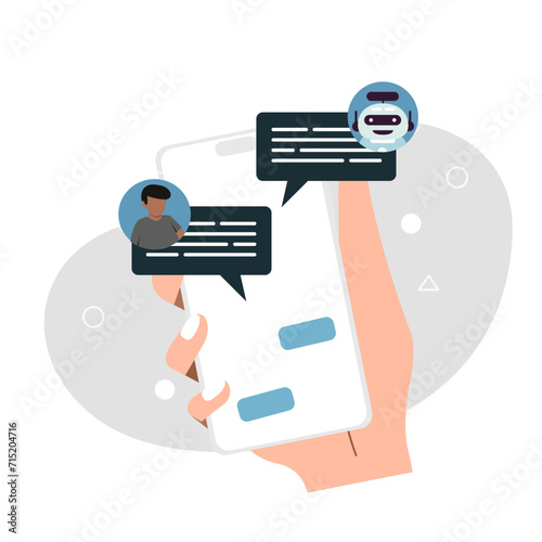 Chatbot concept. Man chatting with chatbot. Artificial intelligence robot assistant, online customer support. Modern flat illustrations.