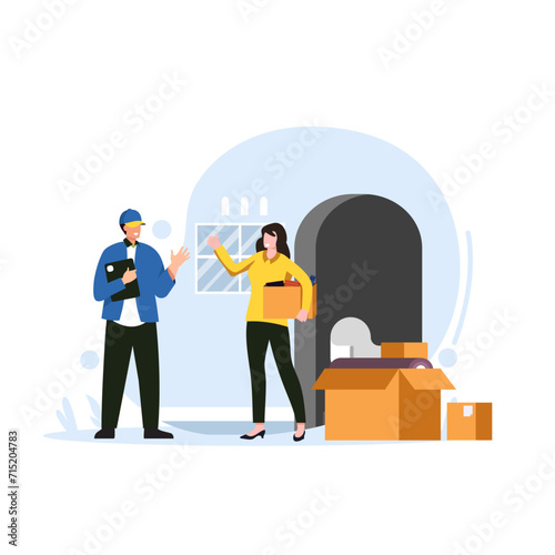 Fast delivery service man giving box to customer door, flat vector illustration