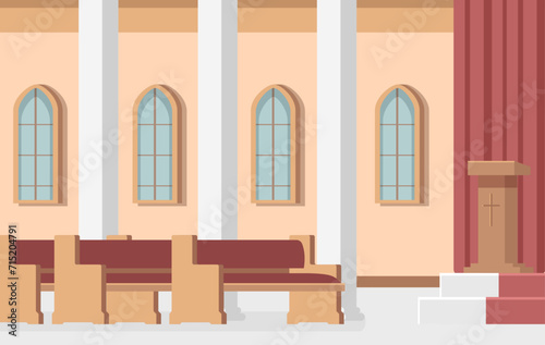 Church interior flat composition with indoor view, wooden benches, tall arch window and candles. Vector cartoon illustration of cathedral inside.