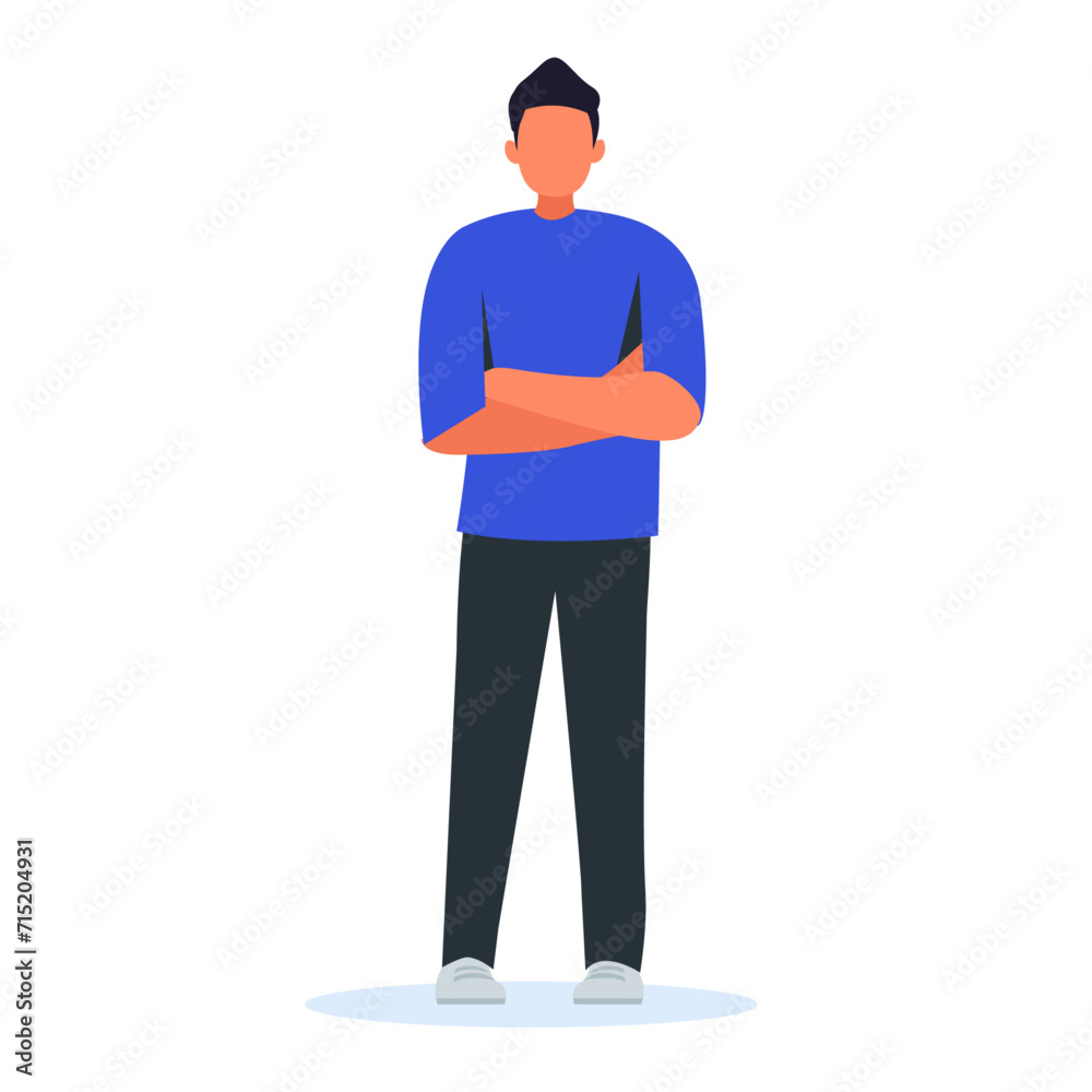 Man standing with confidence. flat vector young man with his arms crossed. Smart people, professionals, successful people. Flat vector illustration isolated on white background Man standing with confidence. flat vector young man with his arms crossed. Smart people, professionals, successful people. Flat vector illustration isolated on white background