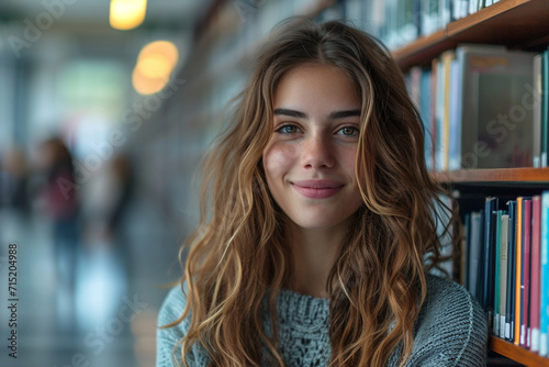 Joyful college student, immersed in studies at the library, wears a radiant smile on her face, capturing the essence of academic contentment and success.