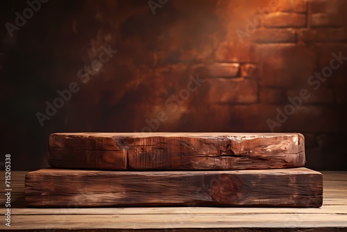 rustic wood podium on classic gradient brown background