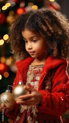A little girl in a red dress holding a christmas ornament. Generative AI.