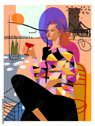 Girl sitting with a glass, cup on abstract geometric background hand drawn vector illustration art print.
