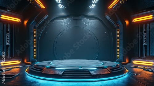 The background podium for product display  positioned at the center  features a futuristic concept illuminated by neon lights. It exudes sophistication  robotics  and gaming vibes