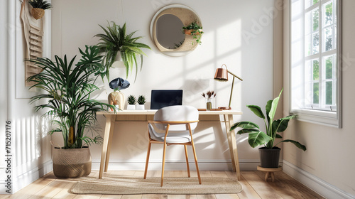 Home office, wall mockup in Scandi-boho style living room interior. Ai Generative