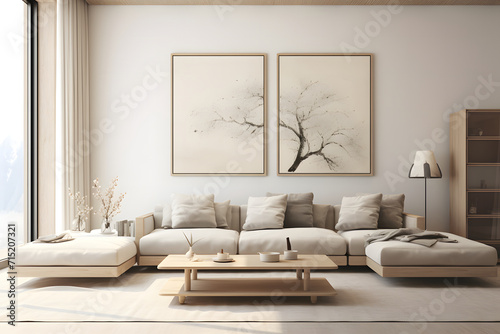 modern living room art, white Fabric sofas, and pillows against wall with poster frame. soft and dreamy atmosphere