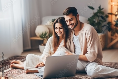 A young couple working together in the living room