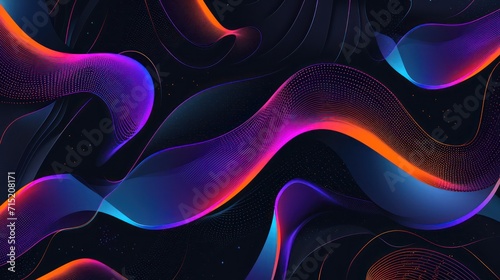black background adorned with neon-colored geometric wave shapes, featuring dark blue, purple, and black hues photo