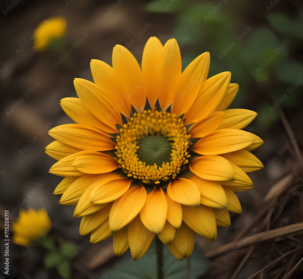 Obraz premium A rowleaf balsamroot wild flower close up. a close up of a yellow flower with a sky in the background and a few white flowers in the foreground. Generative Ai