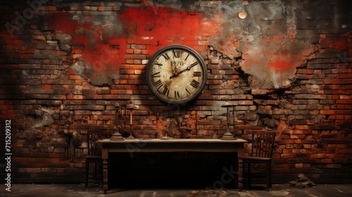 Industrial backdrop. Empty room with wooden table, classic clock and brick wall behind it.