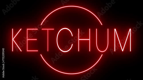 Flickering red retro style neon sign glowing against a black background for KETCHUM photo