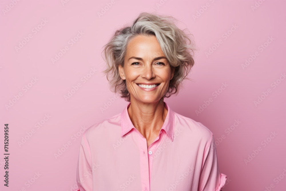 Portrait of smiling senior woman in pink shirt on pink background. Portrait of smiling senior woman in pink shirt on pink background.