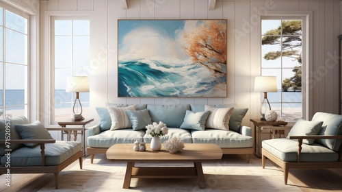 Architectural indoor decoration design. Living room apartment with vibrant bright blue design decoration. Graphic Arts.