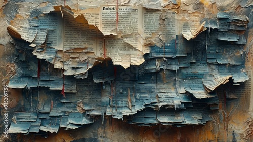 Pile of old parchment paper and vintage texture background of old damaged books. photo