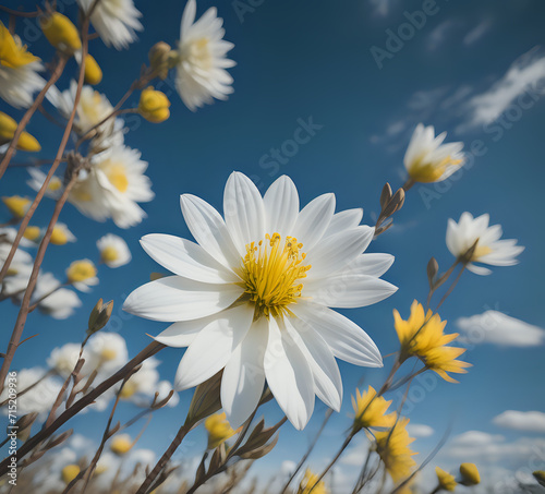 A rowleaf balsamroot wild flower close up. a close up of a yellow flower with a sky in the background and a few white flowers in the foreground. Generative Ai