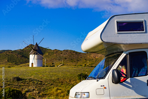 Caravan and wind mill in Spain