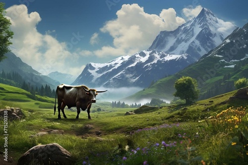 A bovine animal in a lush landscape. Generative AI photo