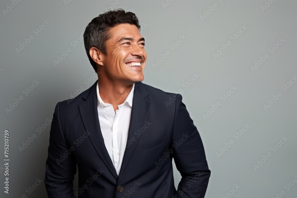 Portrait of a happy young businessman laughing and looking away against grey background Portrait of a happy young businessman laughing and looking away against grey background