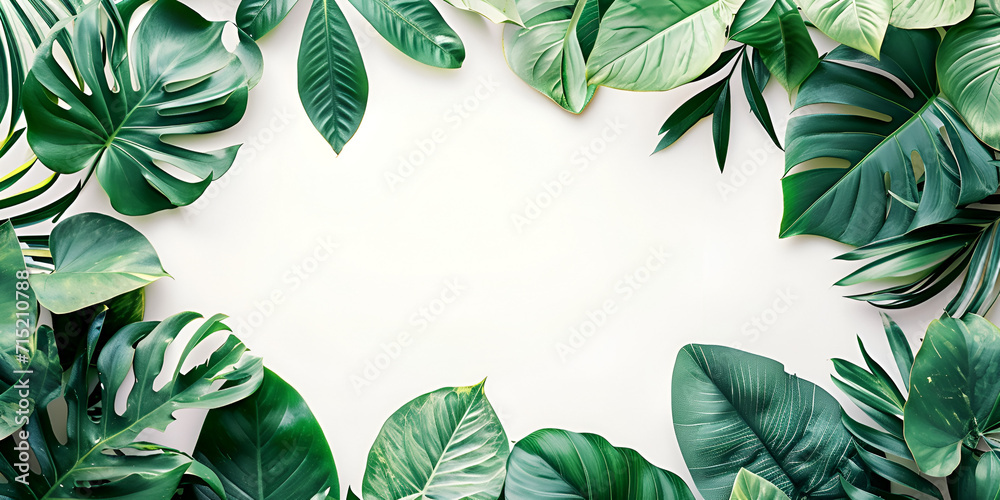 Real leaves with white copy space background. Tropical Botanical nature concept design, world plants day, Generative Ai - obrazy, fototapety, plakaty 