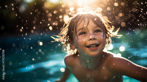 a bokeh effect photo capturing the joyous moment of swimming child