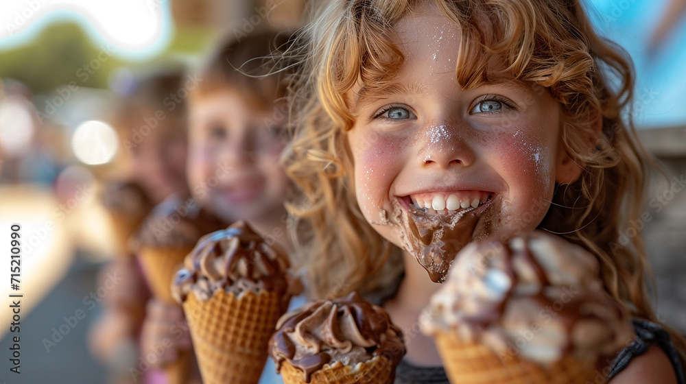 Children enjoying licking their icecream cones Children enjoying licking their icecream cones