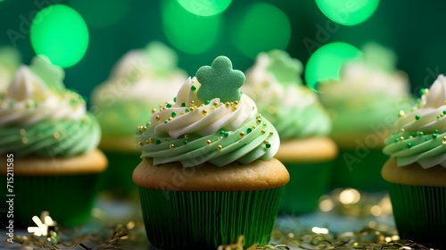 Festive green cupcakes adorned with shamrock sprinkles for St. Patrick s Day