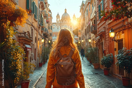 Traveler woman exploring city young vacationer embracing person journey female lifestyle in summer architecture and town backpack and hat for street adventures beautiful landmarks in old building