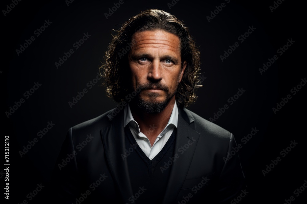 Portrait of a handsome middle aged man with long curly hair. Studio shot against a black background. Portrait of a handsome middle aged man with long curly hair. Studio shot against a black background.