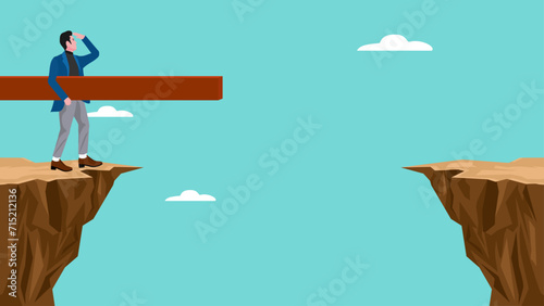 creative problem solving illustration with businessman using a long wooden plank as a bridge to cross the cliff, problem solving skills, complicated solution, process or procedure to fix problem