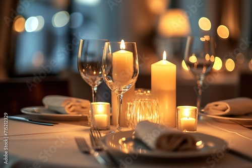 Elegant table setting with candles in restaurant. Selective focus. Romantic dinner setting with candles on table in restaurant.