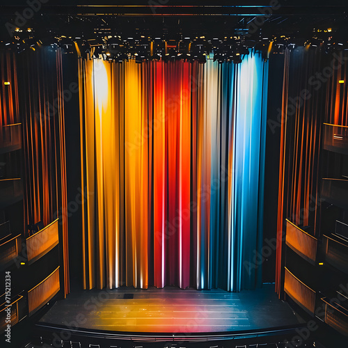 Overhead shot of an empty theater stage with vibrant backdrop decoration, illuminated by a spotlight for an opera performance. Captivating stage lighting sets the scene for an unforgettable entertainm photo