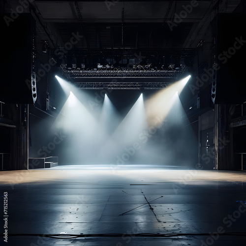 An empty stage illuminated by a spotlight, creating a captivating atmosphere for an artistic performance. The monochromatic colors and meticulous lighting design add to the ambience.