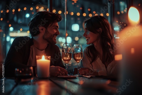 couple in love on a romantic evening in a restaurant with candles in an intimate setting High quality photo.