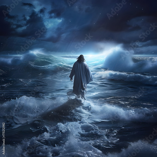 Illustration of Jesus walking on water during a stormy night, symbolizing his miraculous powers and unwavering faith.