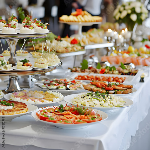 A lavish and expertly arranged wedding buffet spread, showcasing a wide array of appetizers, main courses, and desserts.