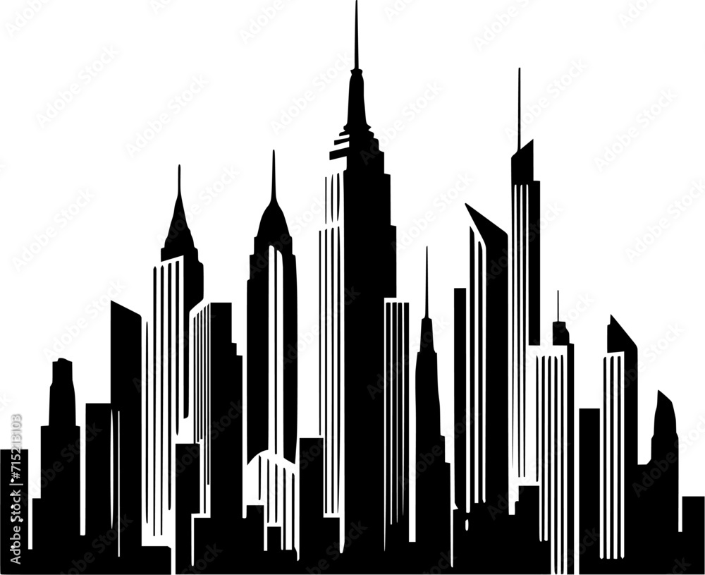 City skyline in black and white illustration, silhouette skyscraper illustratin 