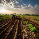Wide-angle shot of a farmer driving a tractor in a fertile field, illustrating the dedication and hard work of farmers in agriculture.