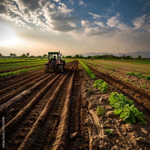 Wide-angle shot of a farmer driving a tractor in a fertile field, illustrating the dedication and hard work of farmers in agriculture.