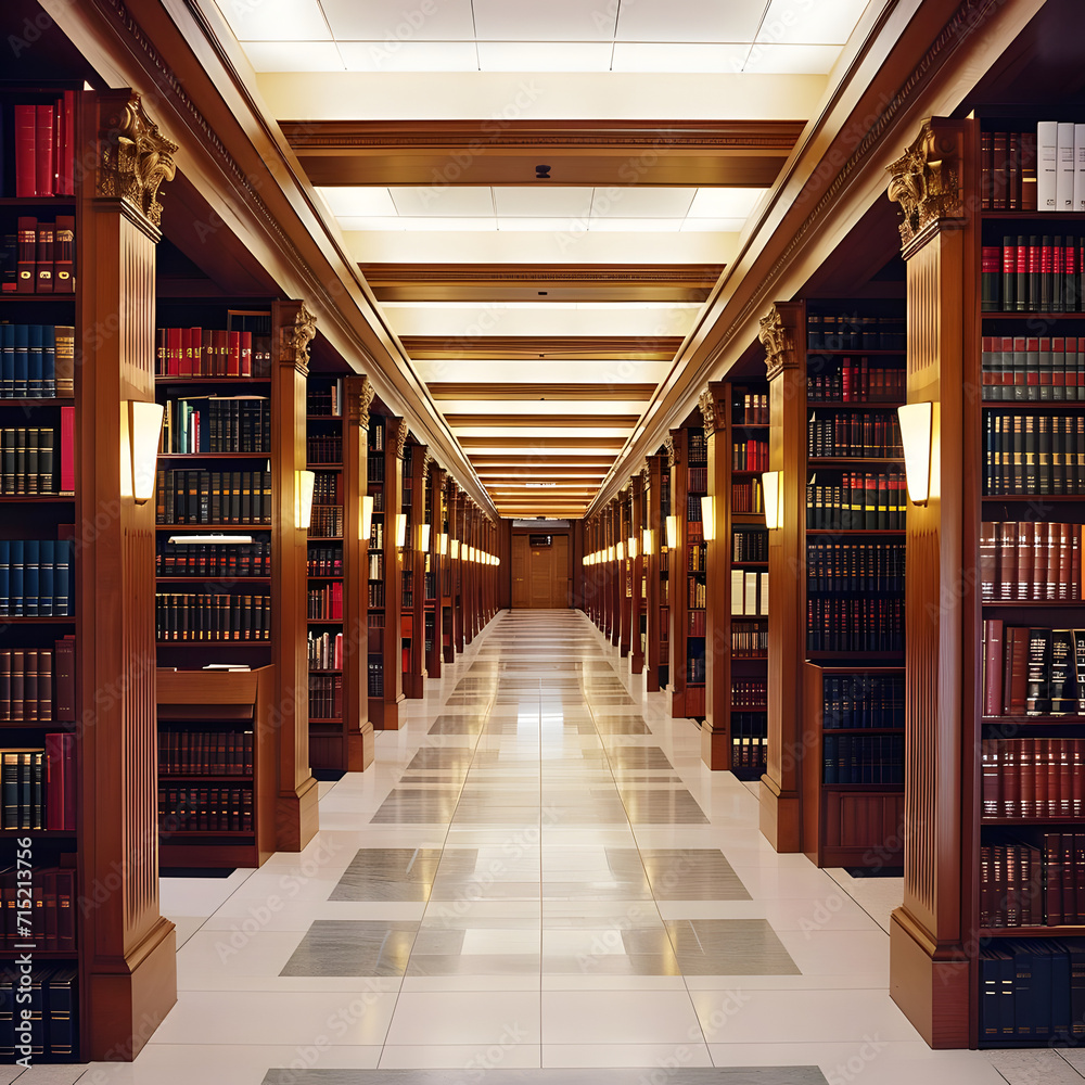 Rows of books and legal references fill a law library in a prestigious law firm, exuding a scholarly and professional ambiance.