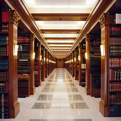 Rows of books and legal references fill a law library in a prestigious law firm, exuding a scholarly and professional ambiance. photo