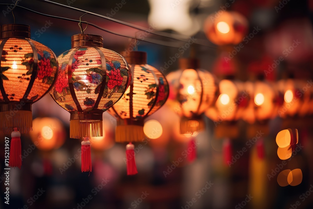 Naklejka premium Chinese lanterns at night hanging close up