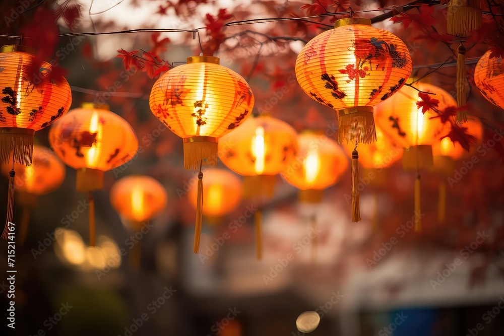 Chinese lanterns at night hanging close up