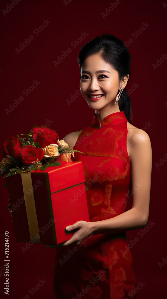 A Chinese bride, Wearing a red bridal dress, Holding a big gift box in his hand, With a smile, A red background, A festive atmosphere, Movie shot, Movie lighting with generative ai A Chinese bride, Wearing a red bridal dress, Holding a big gift box in his hand, With a smile, A red background, A festive atmosphere, Movie shot, Movie lighting with generative ai